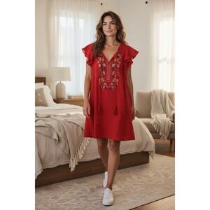 Umgee Embroidered Boho Dress Women's Small Red Flutter Sleeve Tassel Tunic